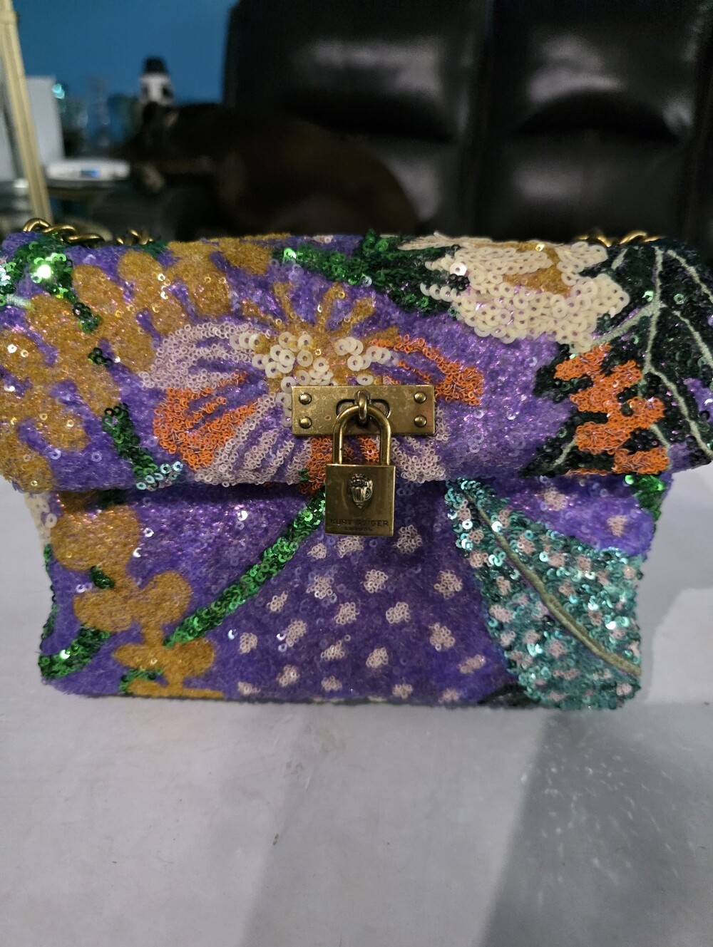 Kurt Geiger Sequined Floral Purple Shoulder Bag with Gold Lock